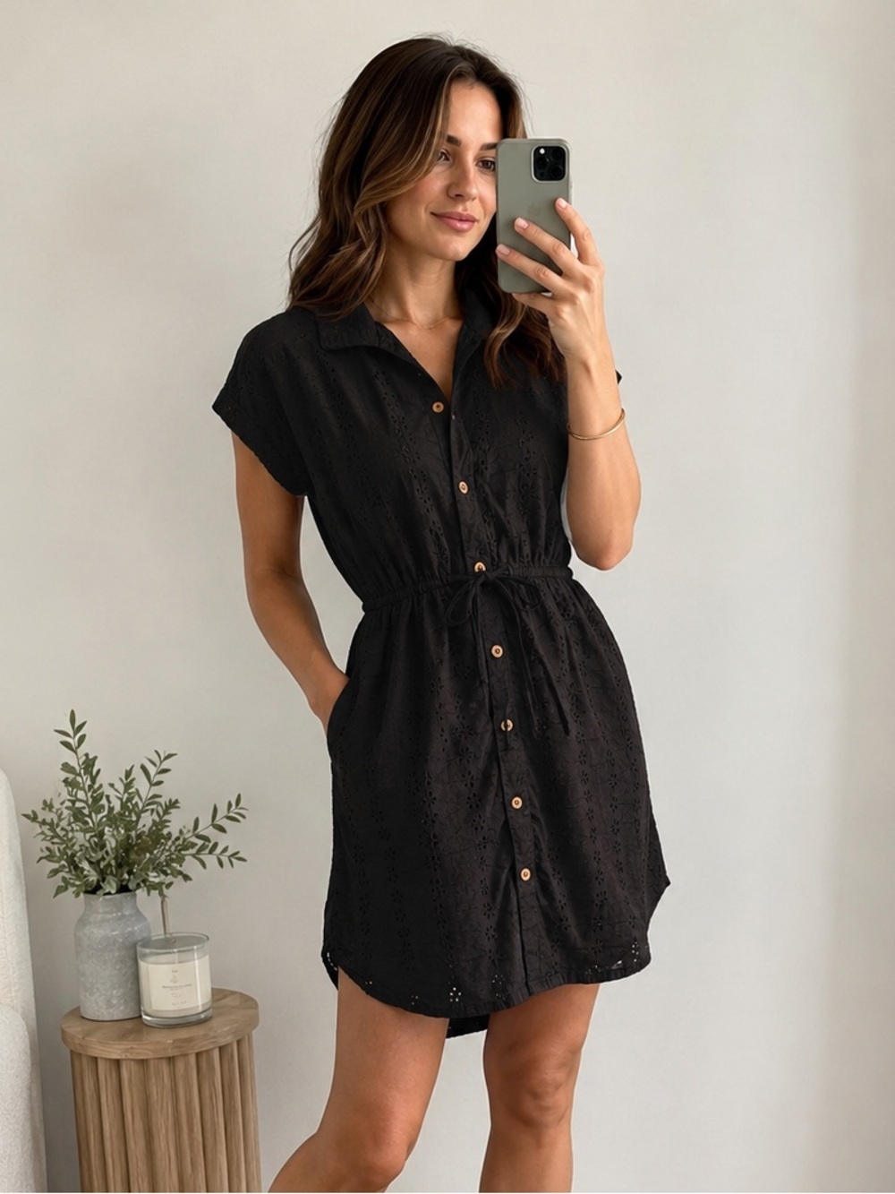 Black Eyelet Shirt Dress Pockets Cottagecore Size Large Whimsigoth Boho Coastal